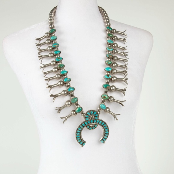Dine [Navajo] and Zuni Silver and Turquoise Squash Blossom ca. 1950' - Picture 2 of 3